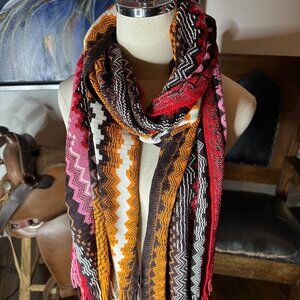 NEW Missoni Women's Zig Zag Knit Neck Scarf Multicolor Fringe Wool Italy NWT